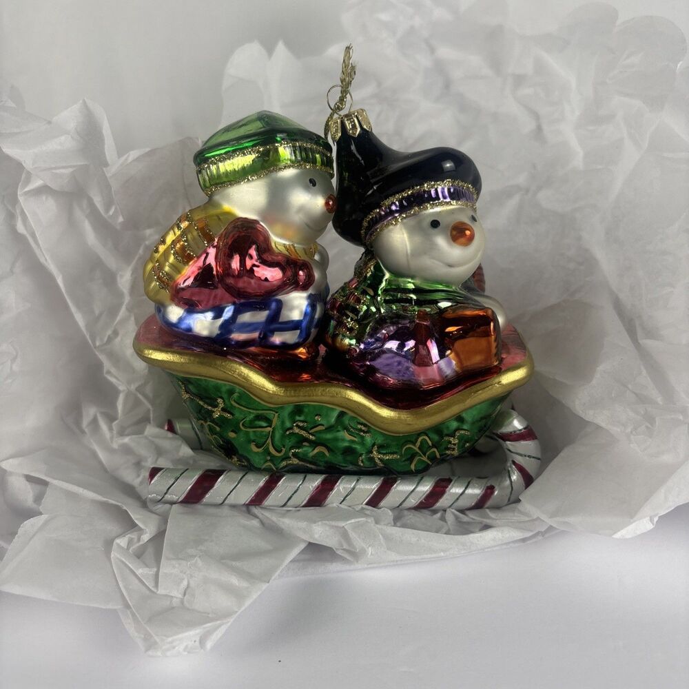 Fitz & Floyd Snow Guys Kids on Sleigh Snowman Christmas Ornament No Box